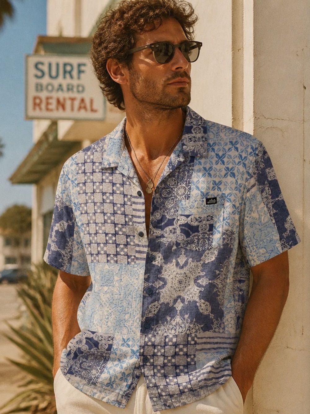 Lost Men's L Blue White Patchwork Print Short Sleeve Button Front Shirt Viscose